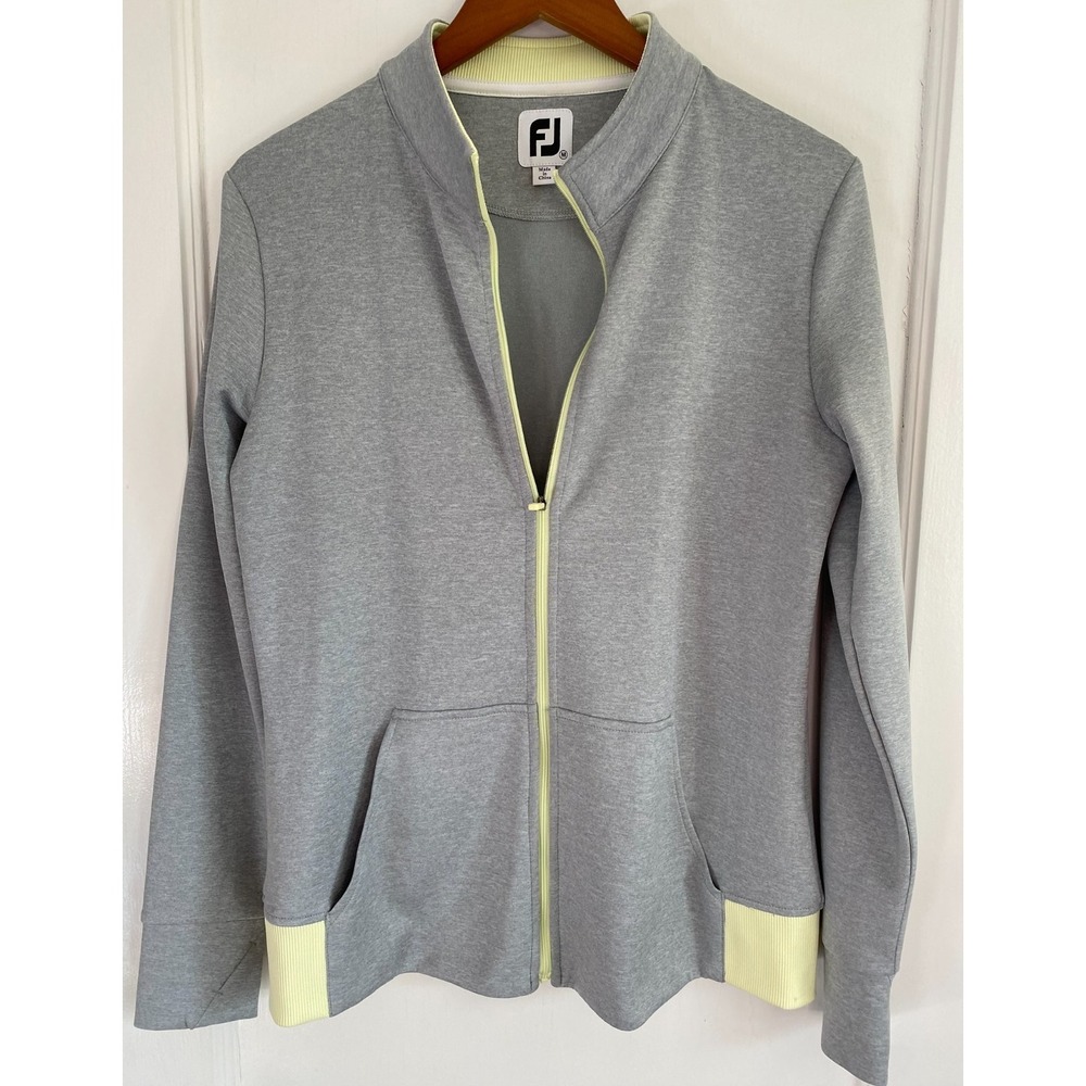 FootJoy ~ Gray w Yellow Trim Stretch Knit Golf Jacket ~ Women's Size Medium